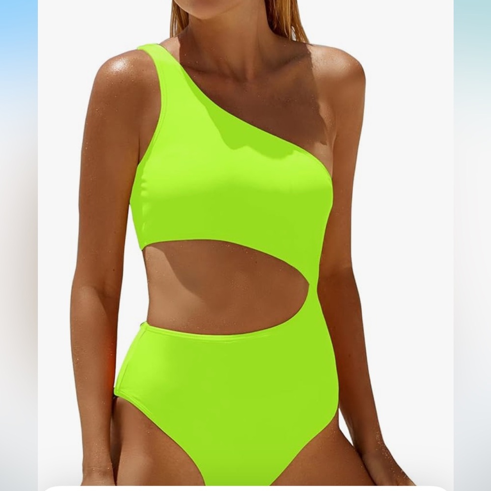 🚘Vibrant Green/yellow Asymmetrical 1-Piece one shoulder cutout Swimsuit Monokini